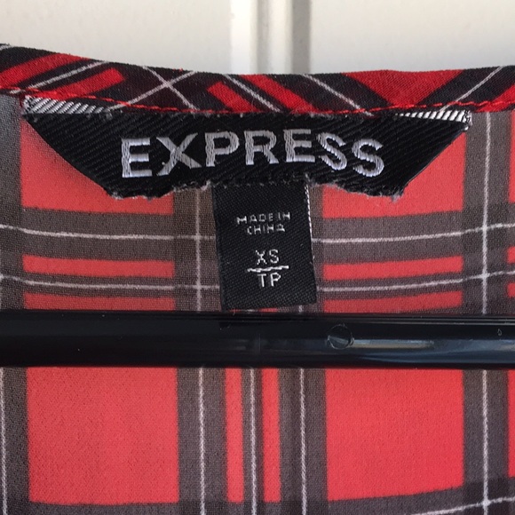 Express Red Plaid Silky Short Sleeve Top - Picture 3 of 5